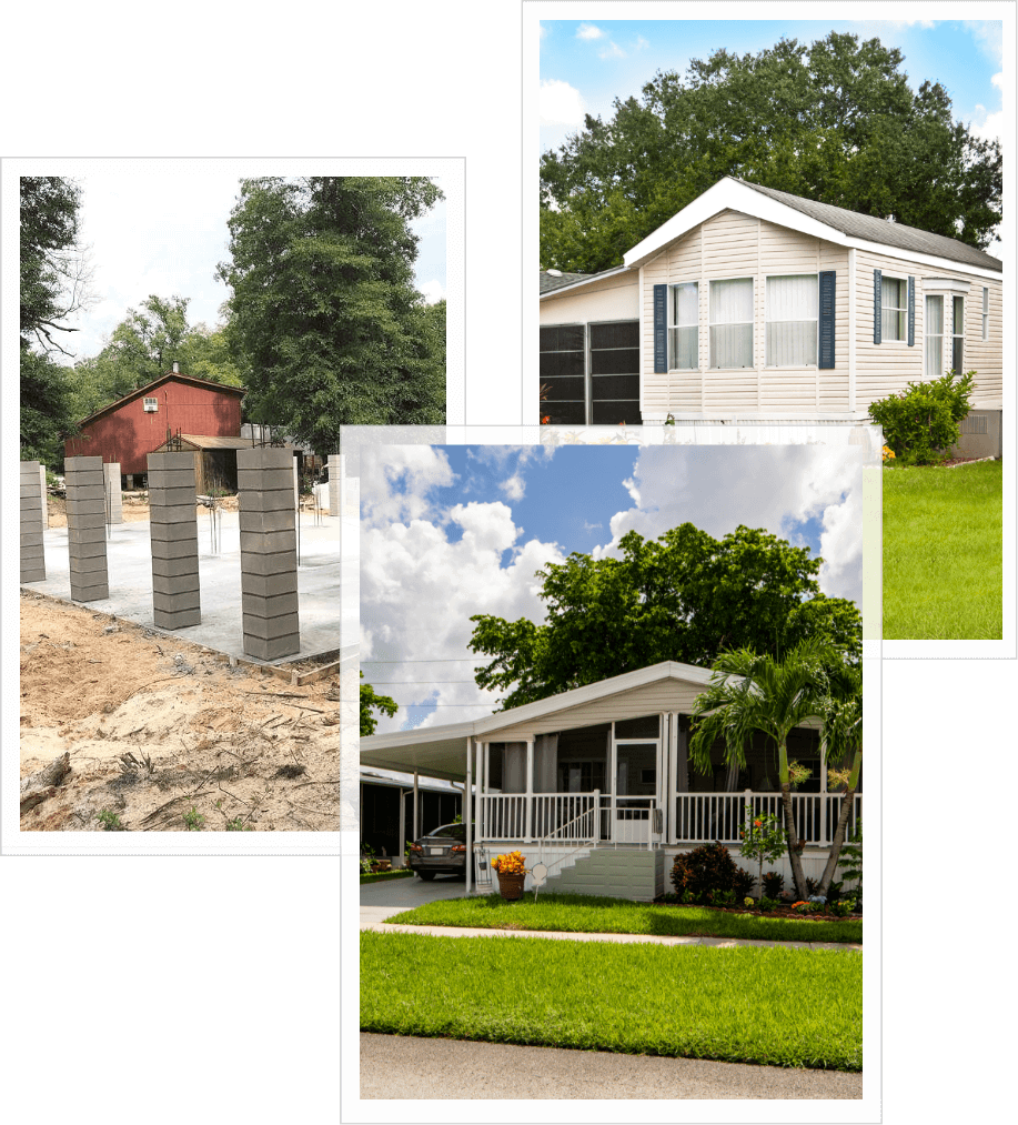 Stages of manufactured homes including construction and completed high-quality homes with raised foundations