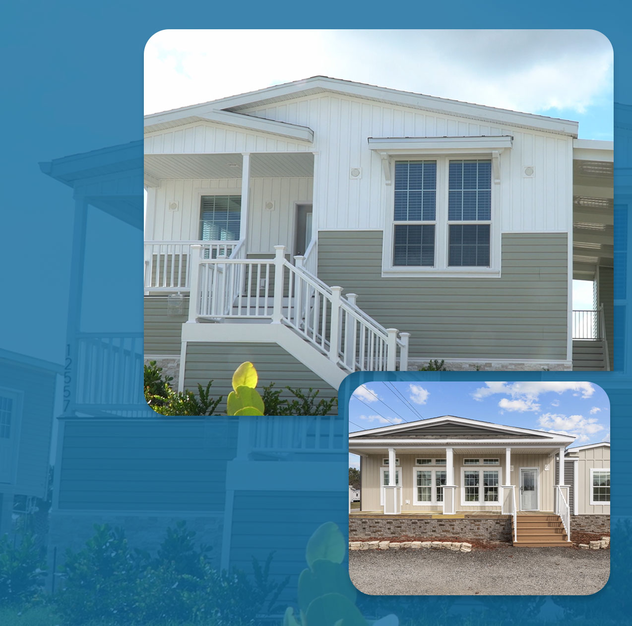 Front View of two modern manufactured homes in Florida, highlighting raised foundations and quality construction